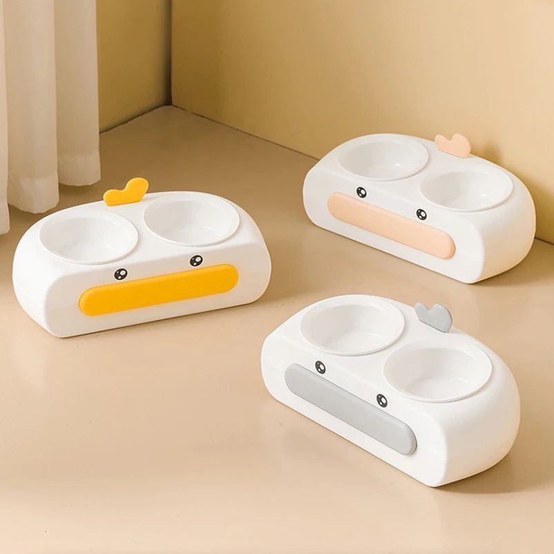 Duck Design Pet Double Bowl Feeding And Drinking Tray Set