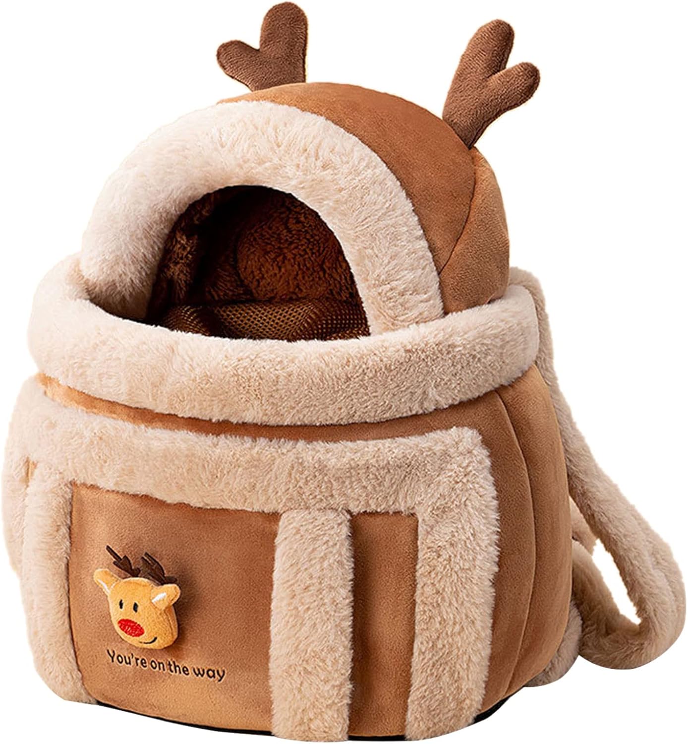 Pet Backpack Travel Bag Winter Outdoor Plush Reindeer Hand Warmers