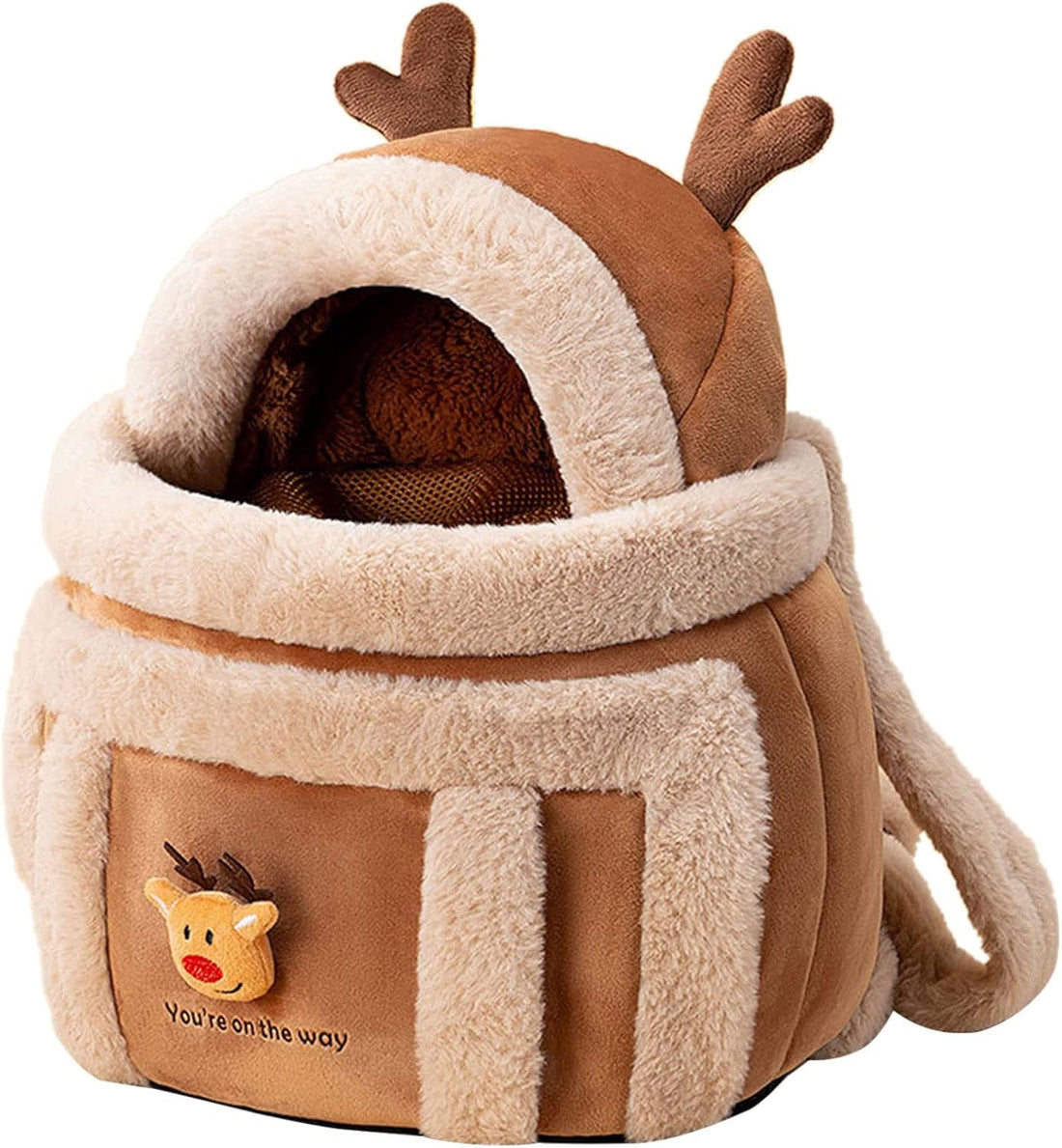Pet Backpack Travel Bag Winter Outdoor Plush Reindeer Hand Warmers