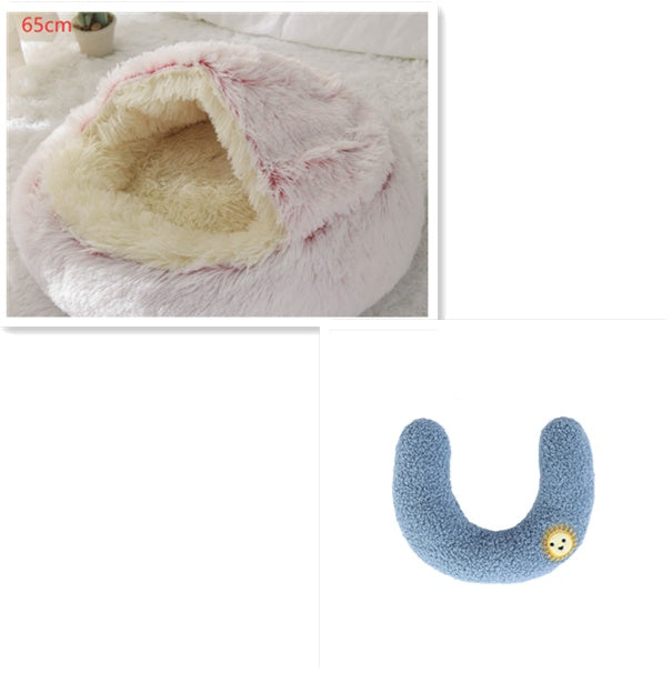 2 In 1 Winter Warm Round Plush Pet Bed House Soft Long Fur Nest