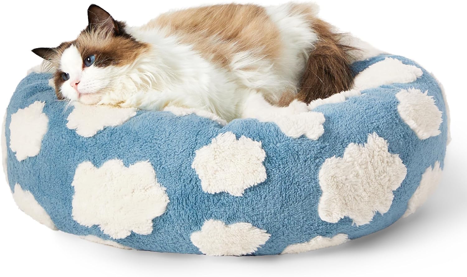 Round Donut Style Calming Pet Bed Jacquard Shaggy Plush Anti Slip Base Bed