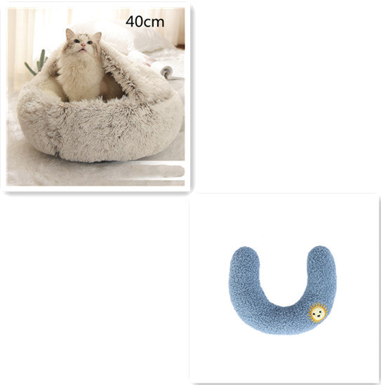 2 In 1 Winter Warm Round Plush Pet Bed House Soft Long Fur Nest