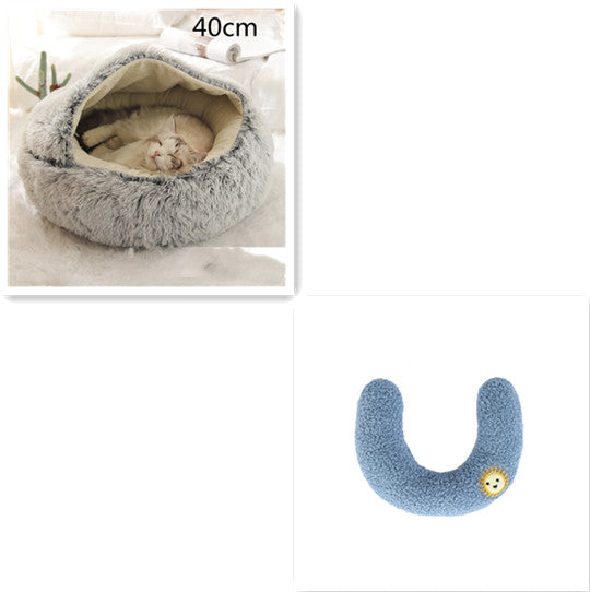 2 In 1 Winter Warm Round Plush Pet Bed House Soft Long Fur Nest