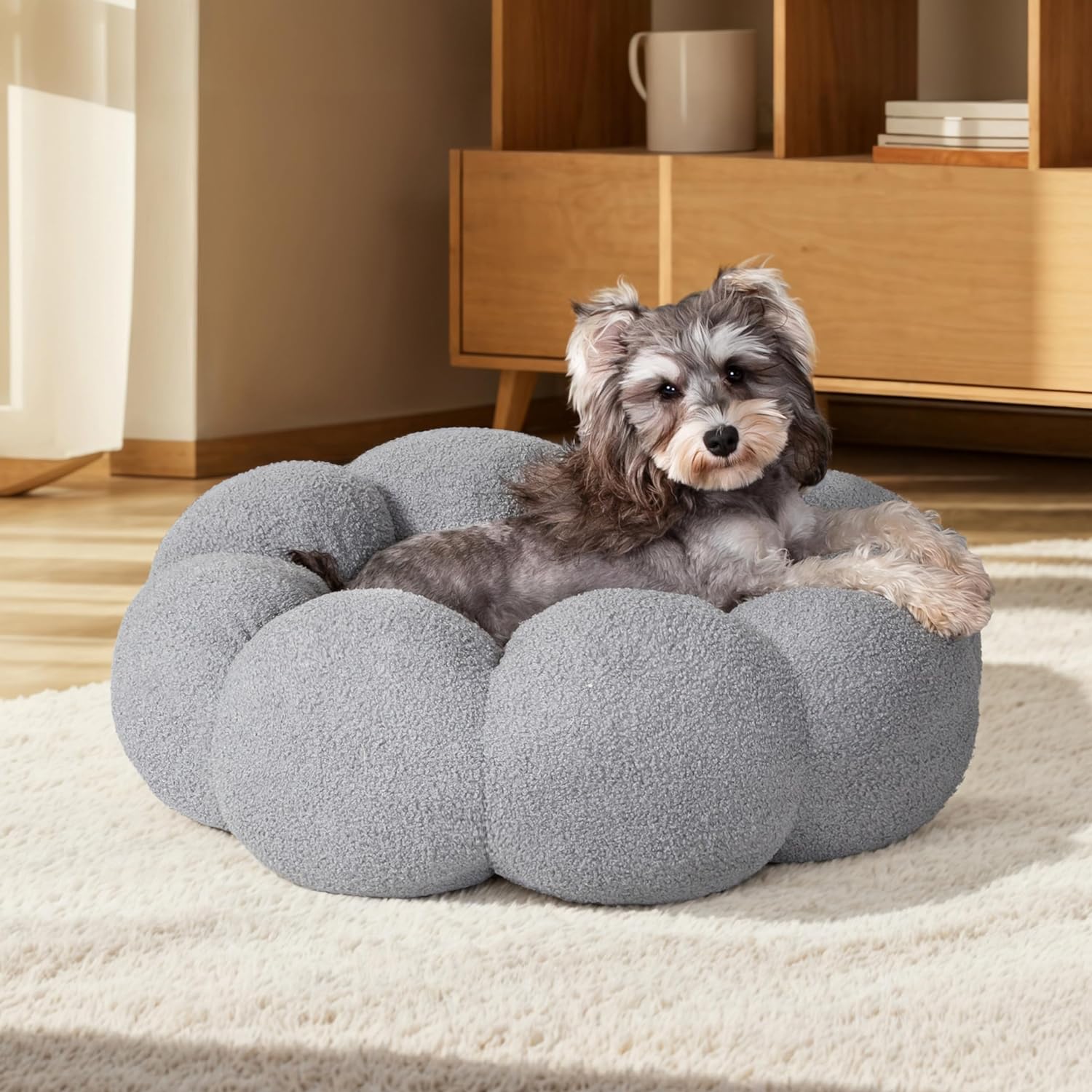 Fluffy Flower Style Plush Round Donut Calming Pet Bed Non Slip Machine Washable Cuddler Nest
