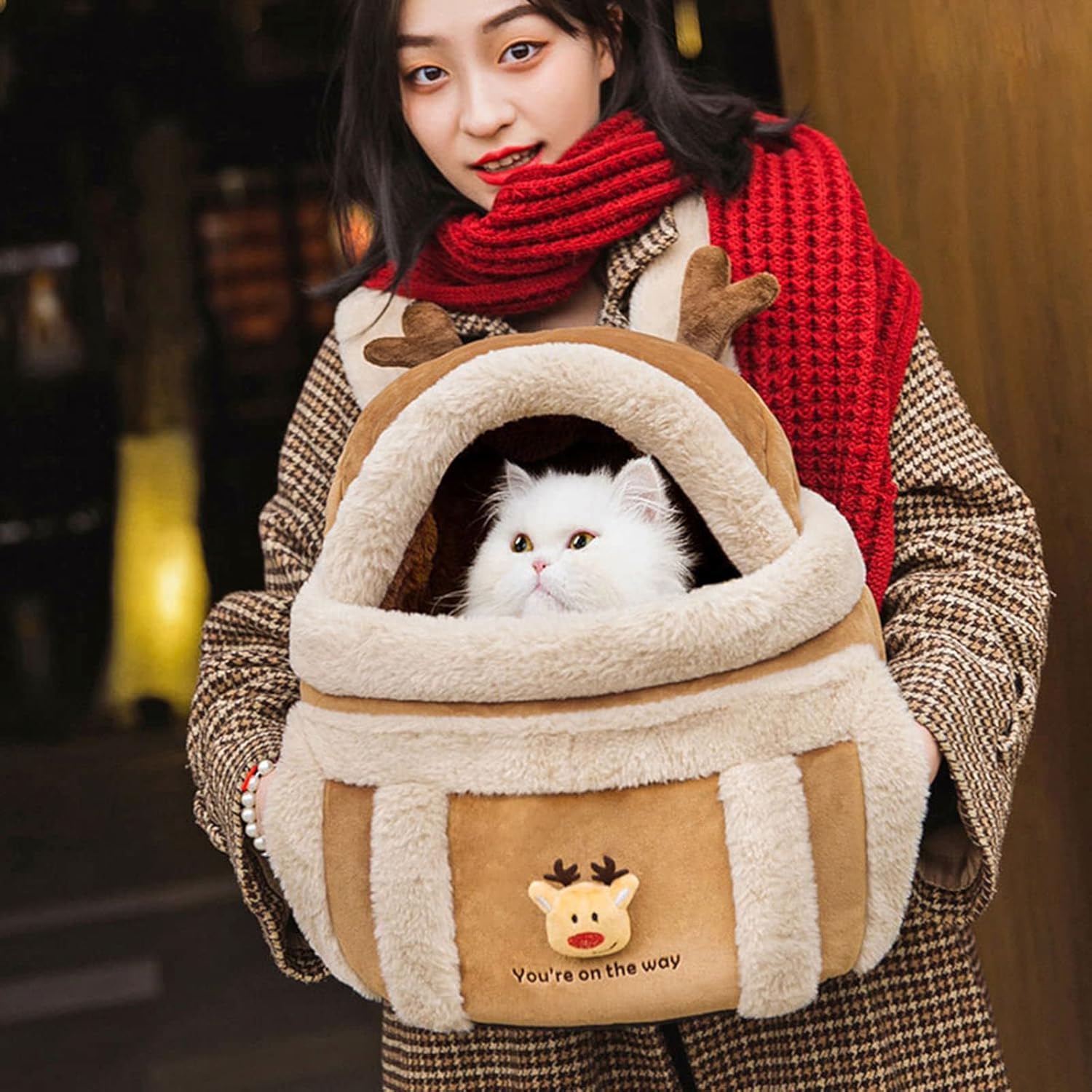 Pet Backpack Travel Bag Winter Outdoor Plush Reindeer Hand Warmers