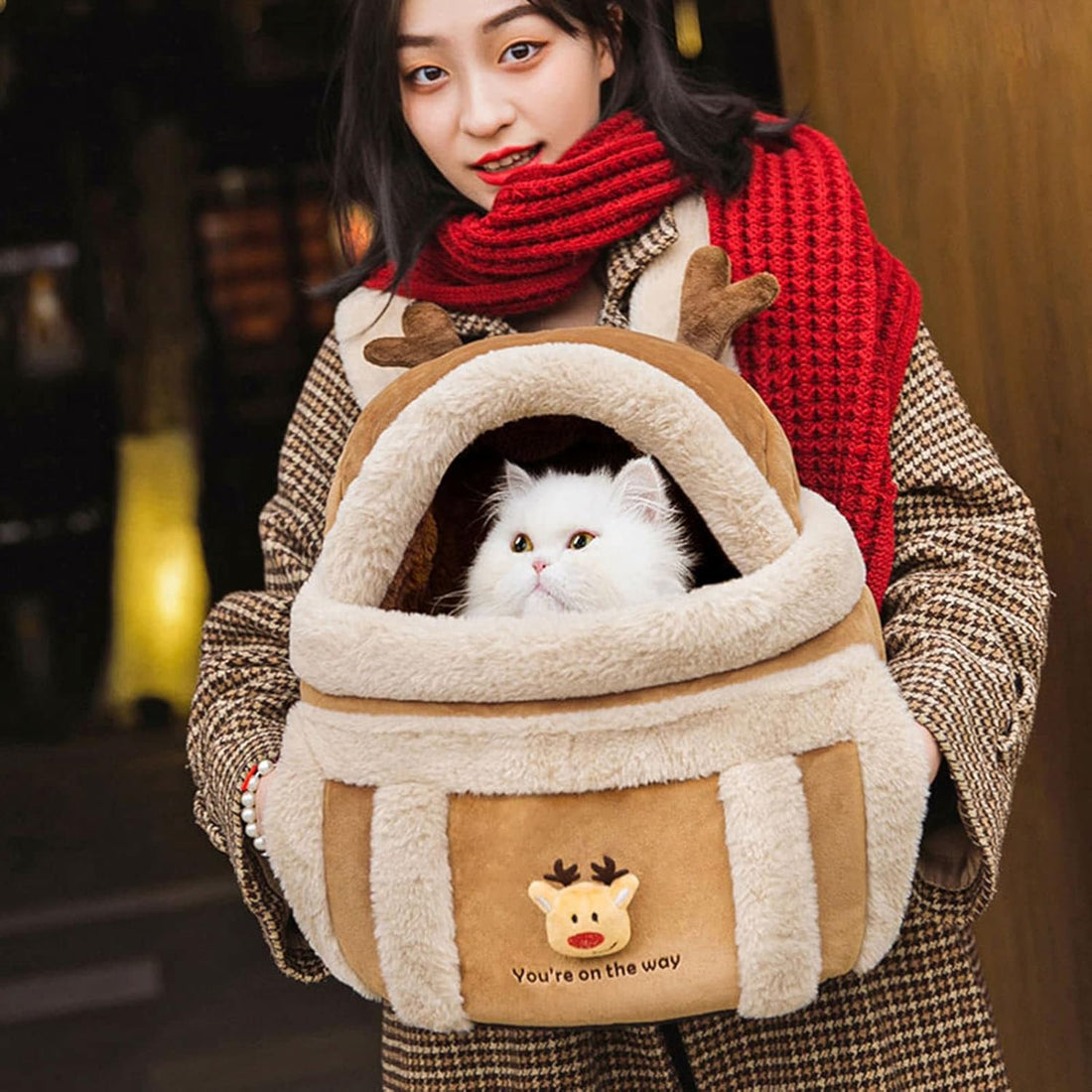 Pet Backpack Travel Bag Winter Outdoor Plush Reindeer Hand Warmers