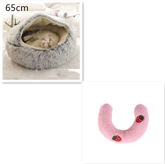 2 In 1 Winter Warm Round Plush Pet Bed House Soft Long Fur Nest