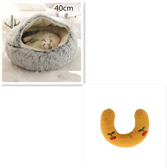 2 In 1 Winter Warm Round Plush Pet Bed House Soft Long Fur Nest