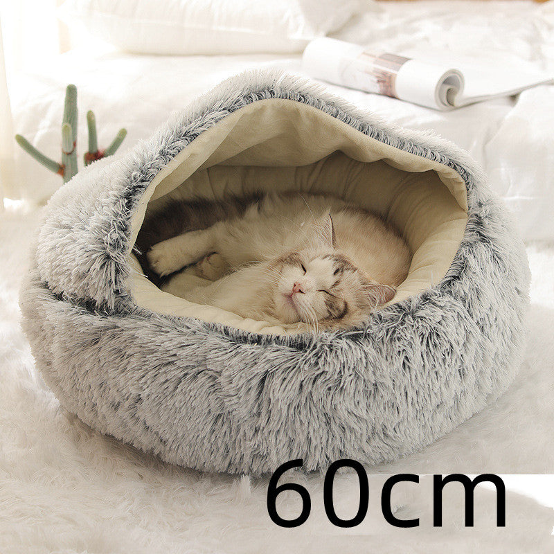 2 In 1 Winter Warm Round Plush Pet Bed House Soft Long Fur Nest