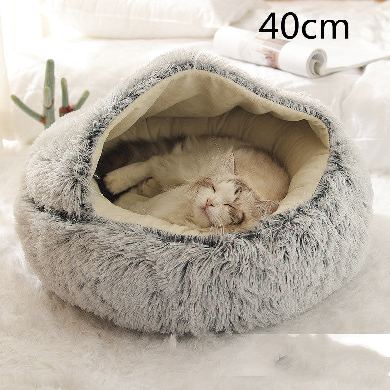2 In 1 Winter Warm Round Plush Pet Bed House Soft Long Fur Nest