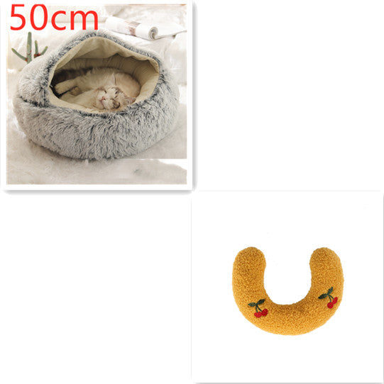2 In 1 Winter Warm Round Plush Pet Bed House Soft Long Fur Nest