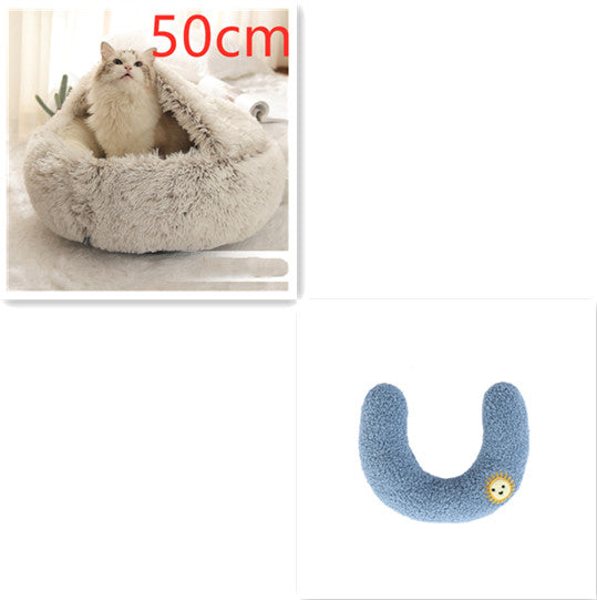2 In 1 Winter Warm Round Plush Pet Bed House Soft Long Fur Nest