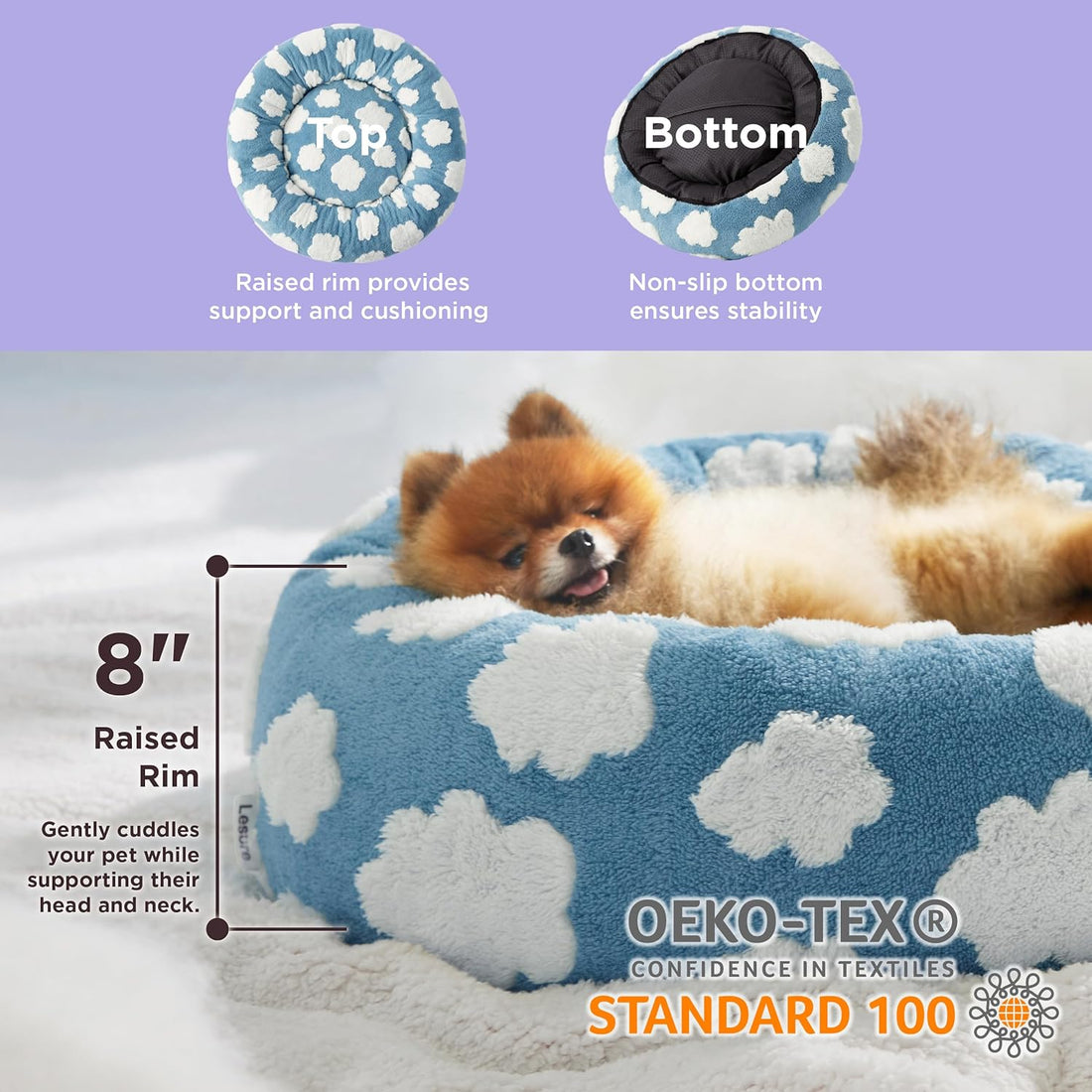 Round Donut Style Calming Pet Bed Jacquard Shaggy Plush Anti Slip Base Bed