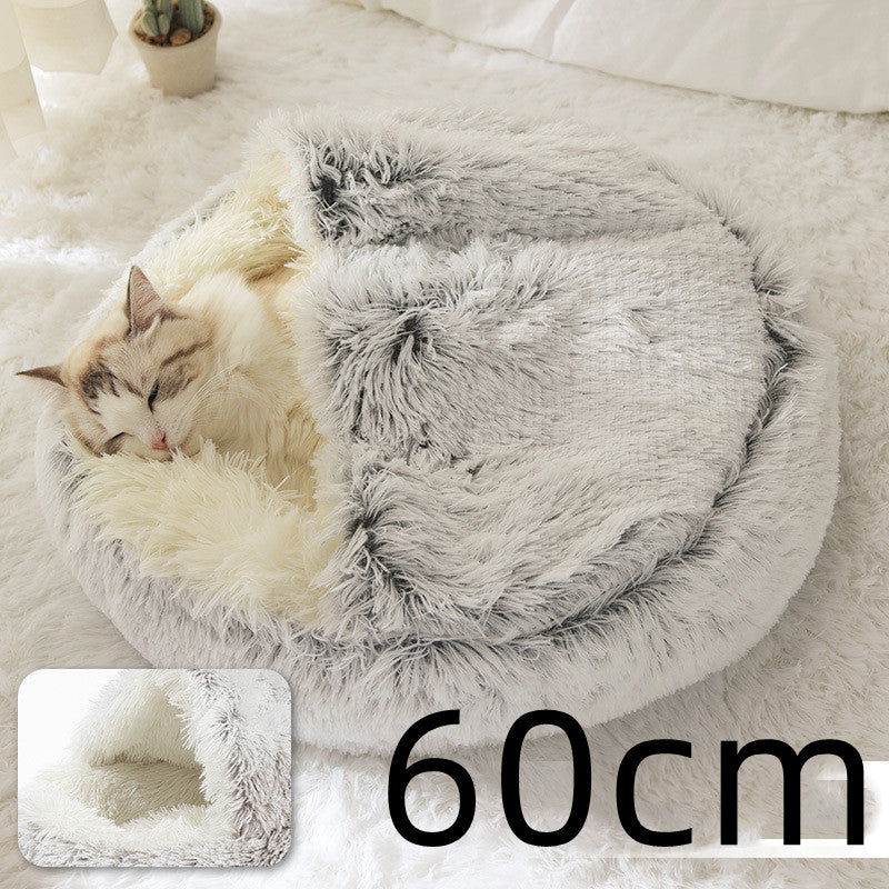 2 In 1 Winter Warm Round Plush Pet Bed House Soft Long Fur Nest