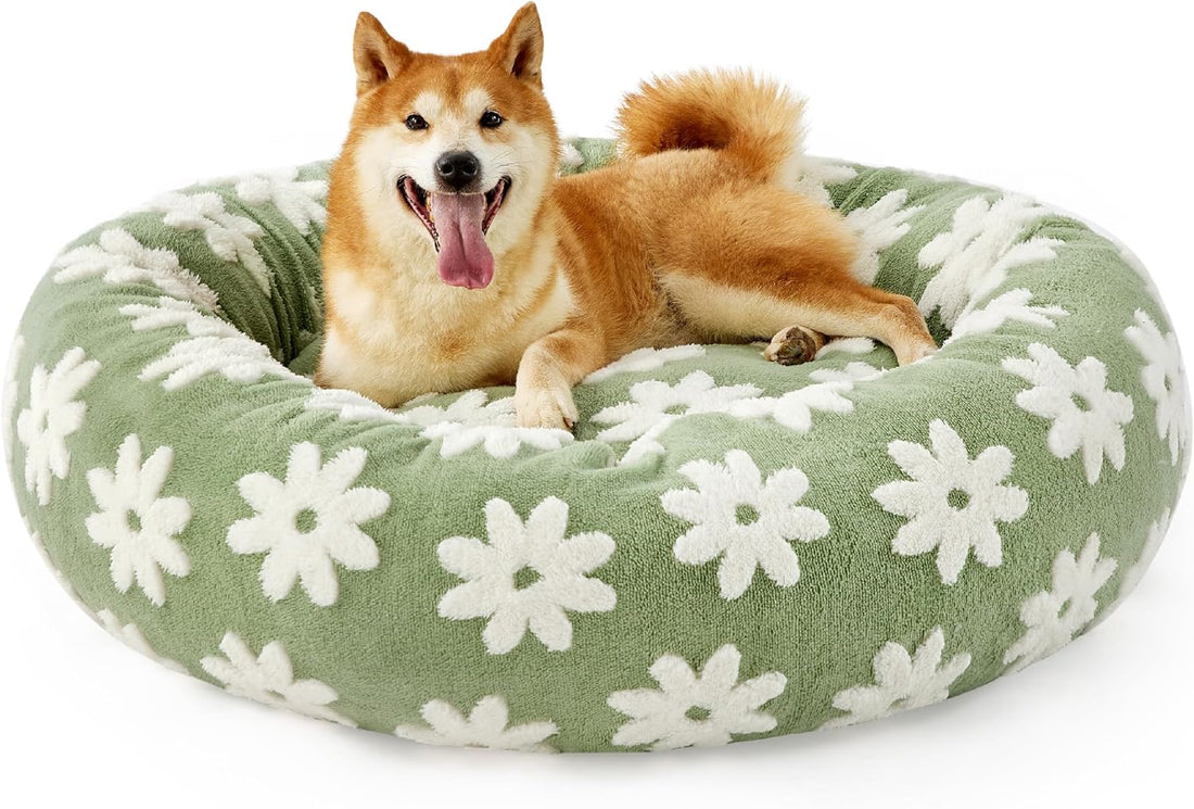 Round Donut Style Calming Pet Bed Jacquard Shaggy Plush Anti Slip Base Bed