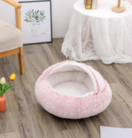 2 In 1 Winter Warm Round Plush Pet Bed House Soft Long Fur Nest