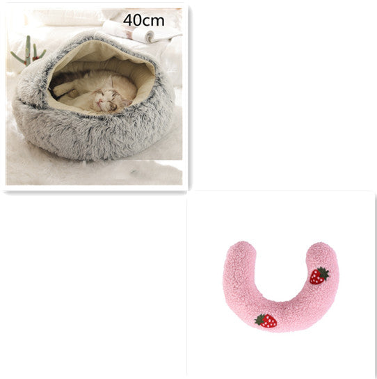 2 In 1 Winter Warm Round Plush Pet Bed House Soft Long Fur Nest