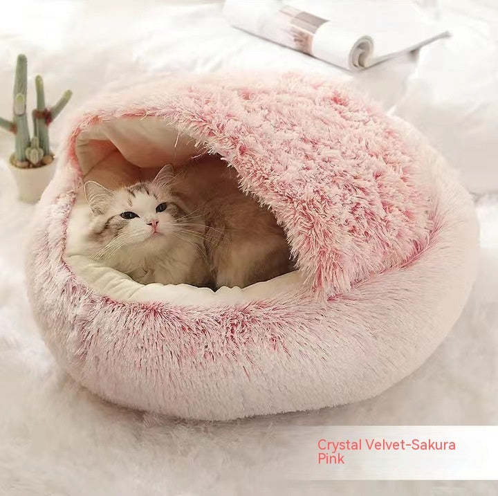 2 In 1 Winter Warm Round Plush Pet Bed House Soft Long Fur Nest