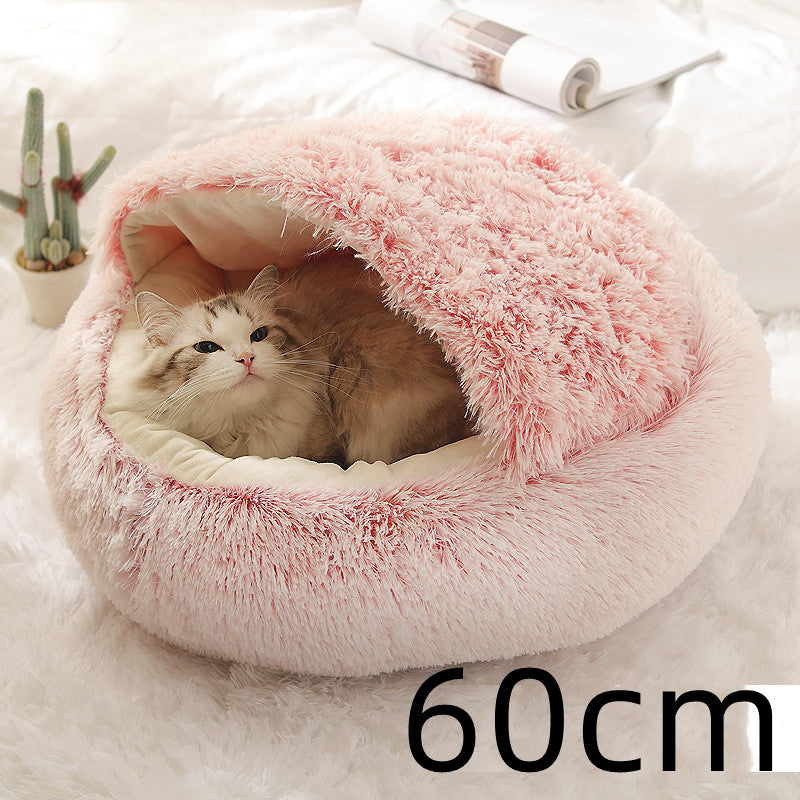 2 In 1 Winter Warm Round Plush Pet Bed House Soft Long Fur Nest