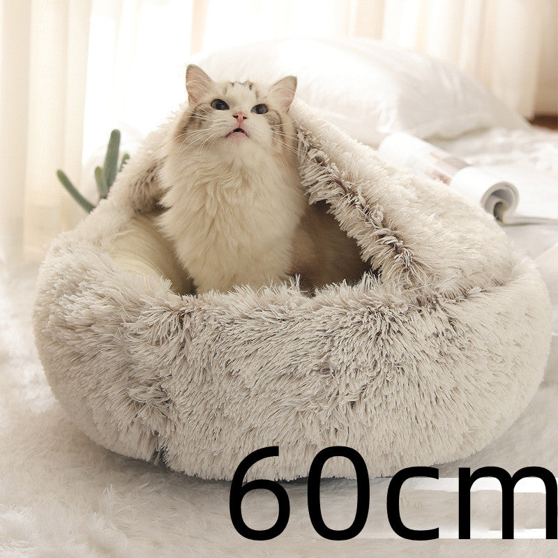 2 In 1 Winter Warm Round Plush Pet Bed House Soft Long Fur Nest
