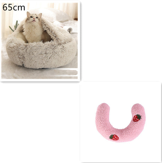 2 In 1 Winter Warm Round Plush Pet Bed House Soft Long Fur Nest
