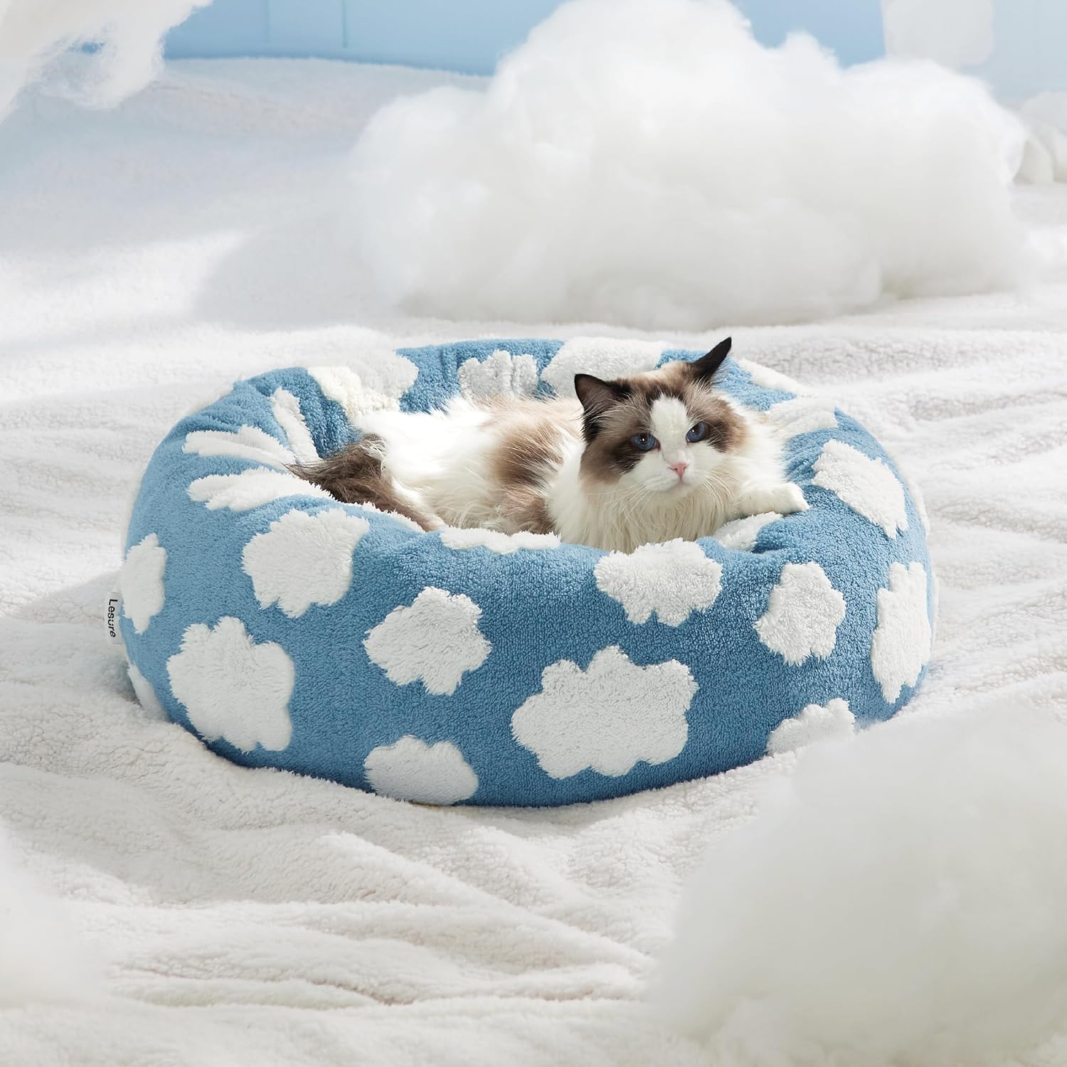 Round Donut Style Calming Pet Bed Jacquard Shaggy Plush Anti Slip Base Bed