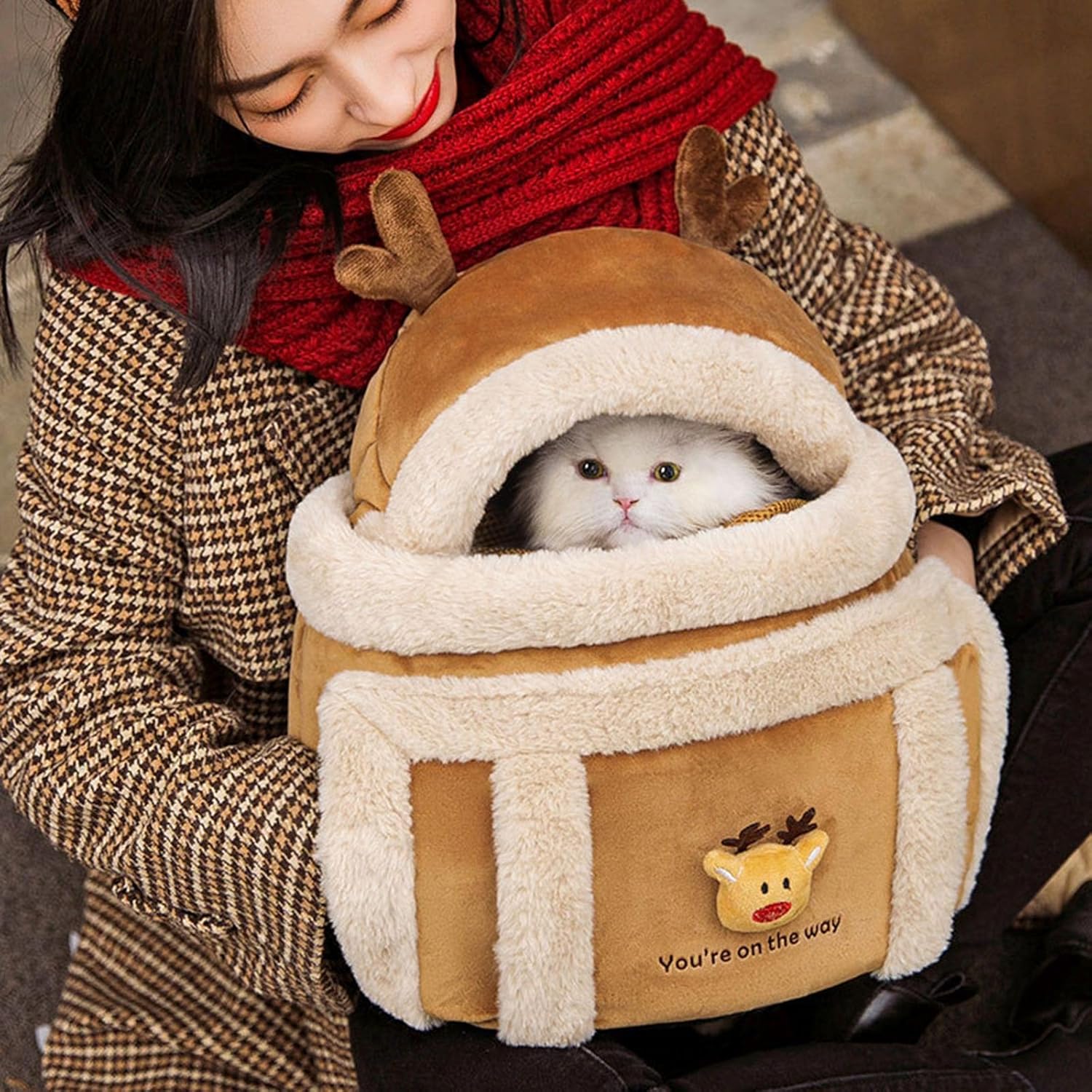 Pet Backpack Travel Bag Winter Outdoor Plush Reindeer Hand Warmers