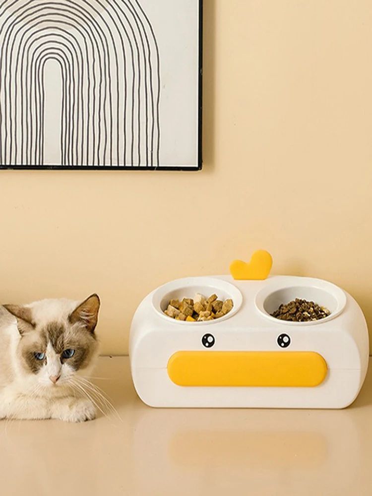 Duck Design Pet Double Bowl Feeding And Drinking Tray Set