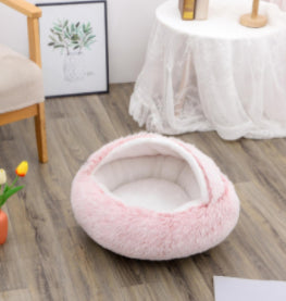 2 In 1 Winter Warm Round Plush Pet Bed House Soft Long Fur Nest