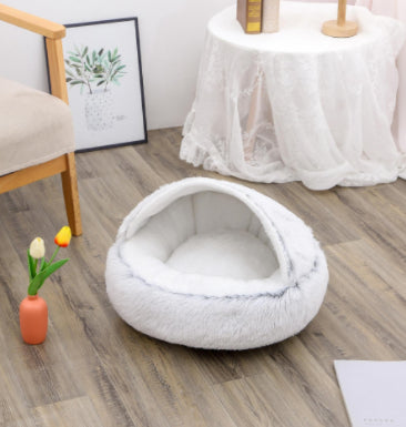 2 In 1 Winter Warm Round Plush Pet Bed House Soft Long Fur Nest