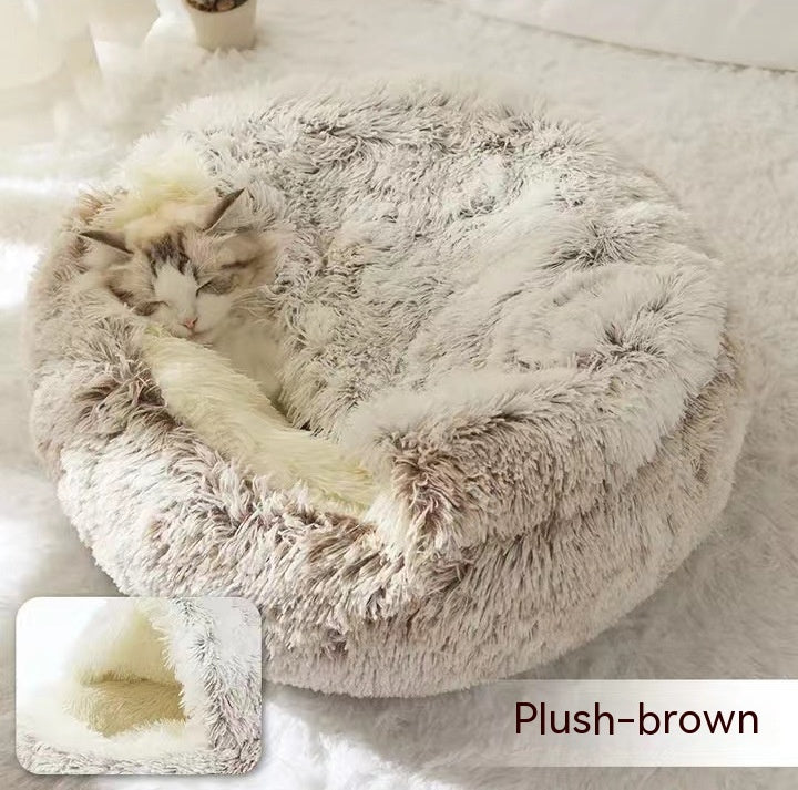 2 In 1 Winter Warm Round Plush Pet Bed House Soft Long Fur Nest