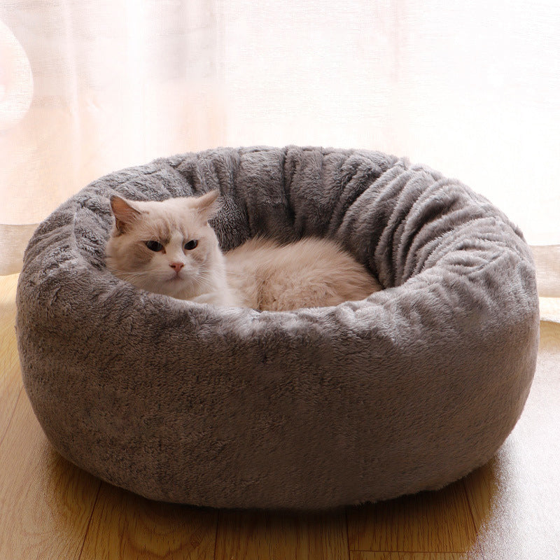Long Plush Donut Style Round Pet Bed Winter Warm Cushion