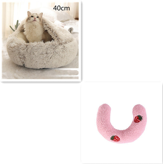 2 In 1 Winter Warm Round Plush Pet Bed House Soft Long Fur Nest