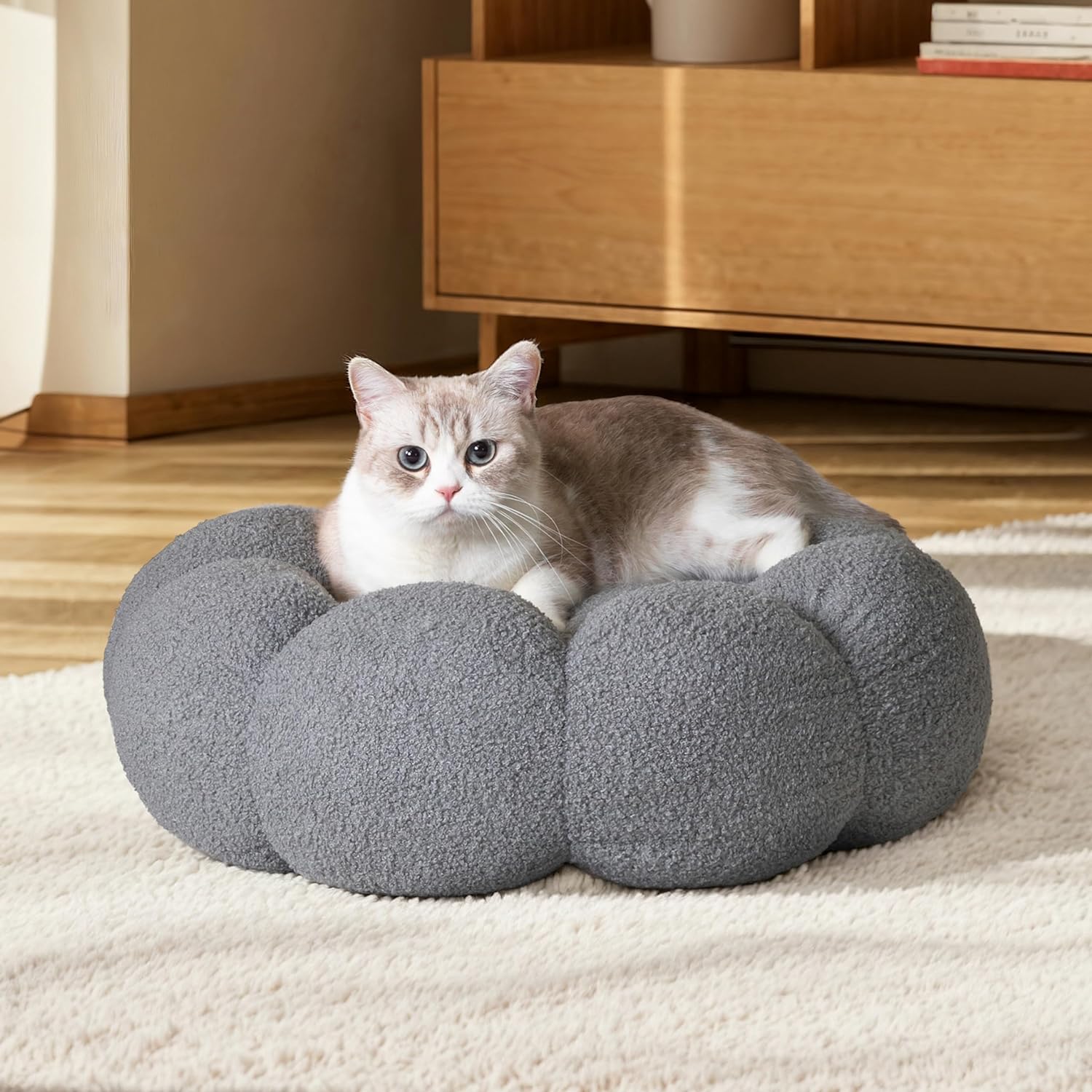 Fluffy Flower Style Plush Round Donut Calming Pet Bed Non Slip Machine Washable Cuddler Nest