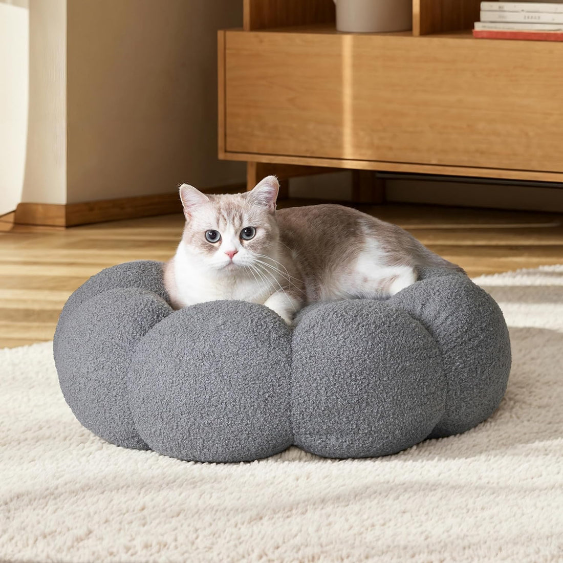 Fluffy Flower Style Plush Round Donut Calming Pet Bed Non Slip Machine Washable Cuddler Nest